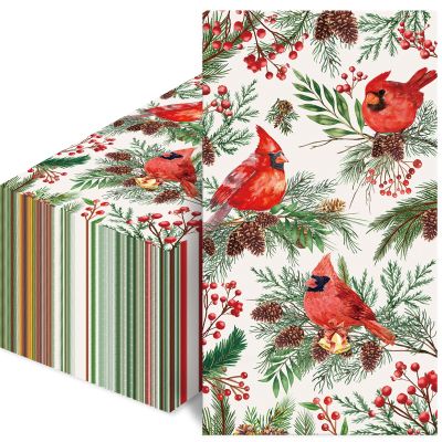 100 PCS Christmas Paper Napkins for Bathroom & Dinner, Disposable Guest Towels with Red Cardinal Bird Greenery Design - Vintage Watercolor Party Decor