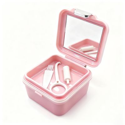 VEADOOLLY Denture Case Kit, Retainer Cleaning Case False Teeth, Retainer Cleaning Denture Bath Cup with Mirror Use in Denture Bridges, Denture Soaking Container, Traditional Braces for Travel Pink