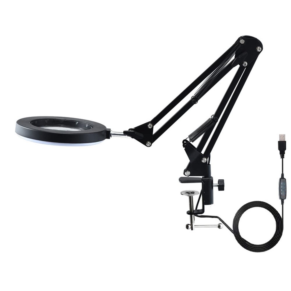 10X Magnifying Glass with Light and Stand, 3 Color Modes, 10 Brightness Adjustable Magnifying Desk Lamp with Clamp, LED Magnifier for Reading, Model Building, Painting, Facial (Color : Black) Double