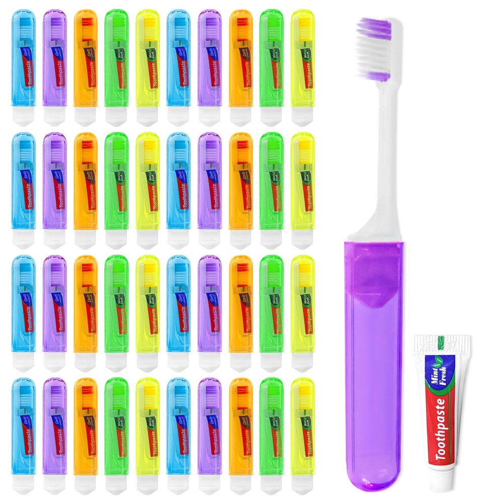 Lilingsty Travel Toothbrush, Toothbrush and Toothpaste Travel Set, Individually Packaged, Includes Storage Case, Foldable Design, 5 Colors, Ideal for Business Trips, and Hotels (50-Pack)