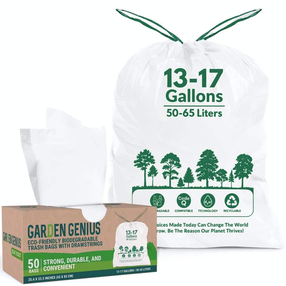 Biodegradable 13-17 Gallon Code-Q Trash Bags (50 Pack) | Strong Heavy-Duty Tall White Kitchen Bags w/Drawstring | Fits Simplehuman & Standard Cans | Eco-Friendly D2W, 30 Micron Thick | 25.6" x 33.5"