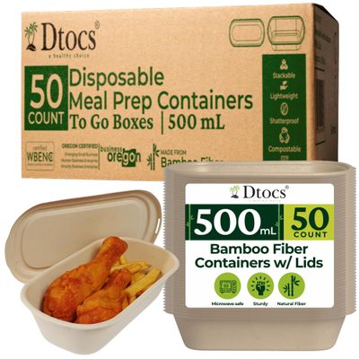 Dtocs Premium Disposable Meal Prep Containers with Lids (Pack of 50), 500 mL (17oz) | Heavy Duty Bamboo Fiber To Go Food Containers Leak Resistant, Microwave & Freezer Safe