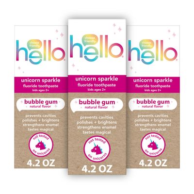 Hello Kids Toothbrush and Kids Toothpaste with Fluoride Holiday Gift Set, for Ages 3 and Older, Includes Bubblegum and Blue Raspberry Flavored Toothpastes, an Hourglass Timer, and Fun Holiday Crafts