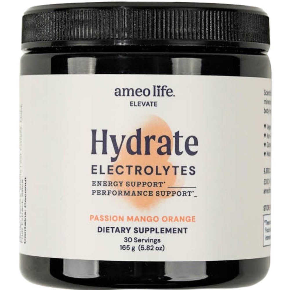 Ameo Life Hydrate Electrolyte Powder Clean, No Sugar, Mineral-Rich Hydration Blend for Energy, Performance & Recovery - 30-Servings Passion Mango Orange