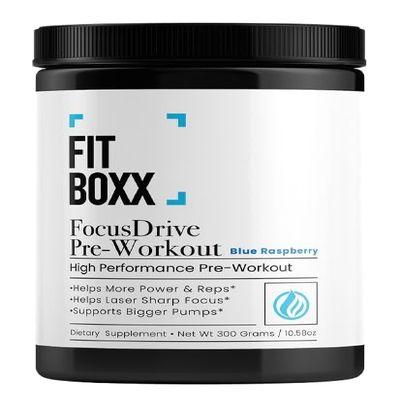 Fit Boxx FocusDrive Pre-Workout | 150mg Caffeine | Energy, Pump & Focus | Sugar-Free | Blue Raspberry | 30 Servings