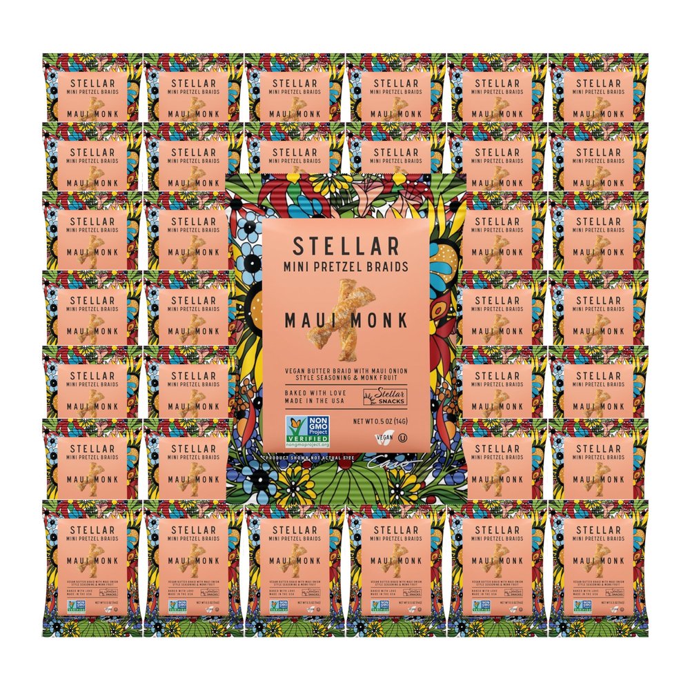 Stellar Snacks Mini Pretzel Braids, Mini Maui Monk, 0.5 Ounce (Pack of 75), Airline Served Mini Pretzel Packs, Sancking On The Go Size, Vegan, Kosher, Non-GMO (0.5 Oz, Maui Monk)