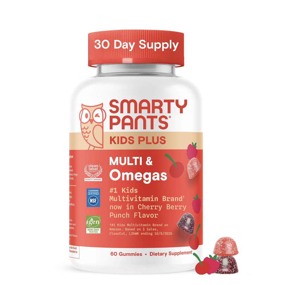 SmartyPants Kids Multivitamin Gummies with Omega 3 DHA/EPA, Vitamins D3, C, B12, B6, A, K, and Zinc, Gluten Free, Clean Label, Cherry Berry Flavor, 60 Gummies (30 Day Supply)