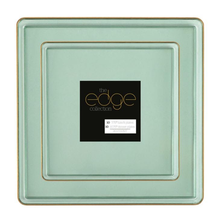 COMBO SET The Edge Collection 10.75" & 7.75" Square Transparent Green With Gold Rim Plastic Dinnerware:240CT