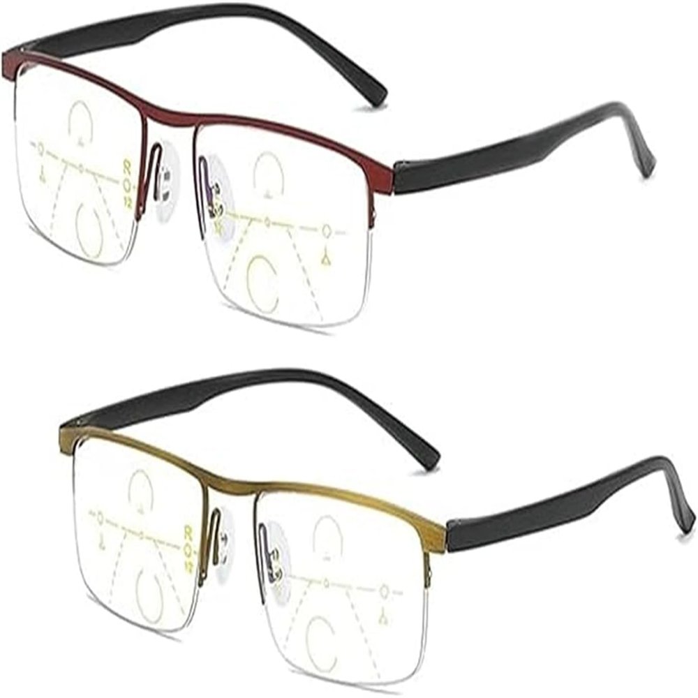 Ribili IntelliReaders, Anti-Blue Light Presbyopia Glasses, Titanium Progressive Reading Glasses (Red+gold,2)