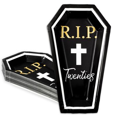 Whaline 24 Pcs Death to My 20s Paper Plate Disposable Plate Black White Coffin Shape RIP Dinnerware Plate for 30th Birthday Party Decorations Supplies Table Decor, 9.8 x 5.9 Inch