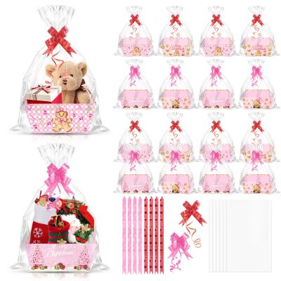 CIEOVO 24 Set Christmas Party Baskets with Cellophane Bows Market Tray Pink Christmas Baskets for Gifts Empty Gingerbread Man Cardboard Bags for Xmas Holiday Party Decor