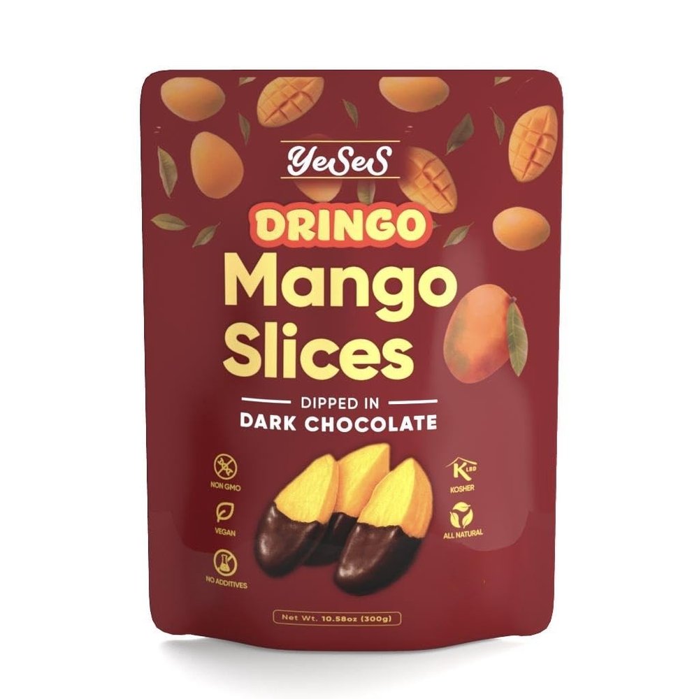 Mango Slices Dipped in Dark Chocolate Dringo Yeses Premium Dried Mango Snack, Non-GMO, Vegan, Kosher, All-Natural, No Additives, 10.58 oz (300g) Resealable Bag (1 Pack)