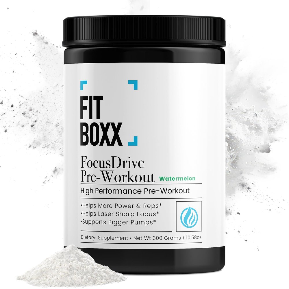Fit Boxx FocusDrive Pre-Workout Nootropic Focus Blend with L-Theanine 150mg Caffeine Energy, Beta-Alanine, Pump & Endurance Support Sugar-Free Watermelon 30 Servings