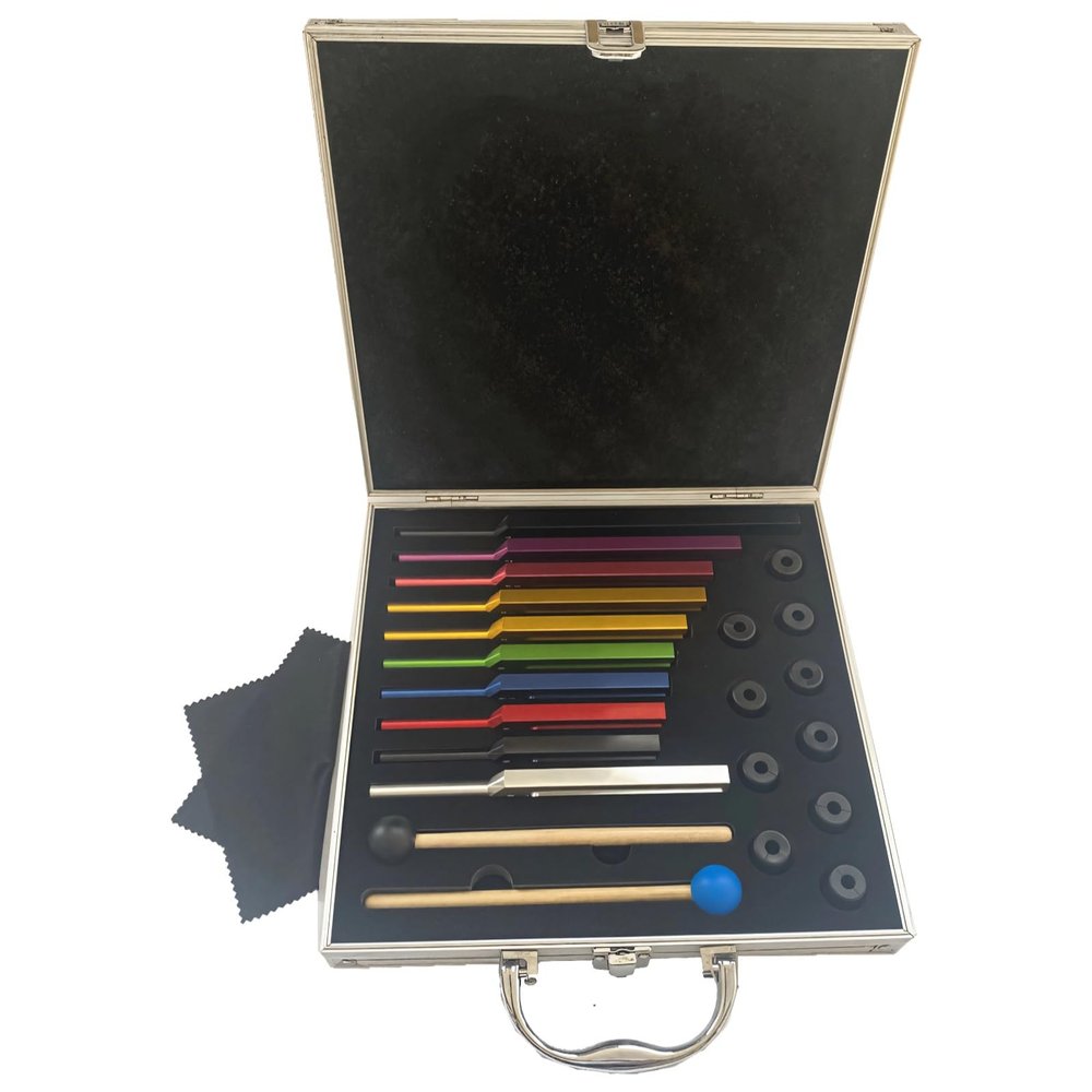 Set Tuning Fork Solfeggio 10 Pcs, Material Alloy Aluminum, Therapy Sound Chakra, Bases Rubber, Wooden Mallets, And Box Storage