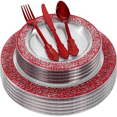 LUODA MirthMood 30 Guests Red Plastic Plates with Disposable Silverware, Clear Red Party & Wedding Dinnerware Include 30 Dinner Plates, 30 Dessert Plates, 30 Silver Cutlery for Weddings & Party.