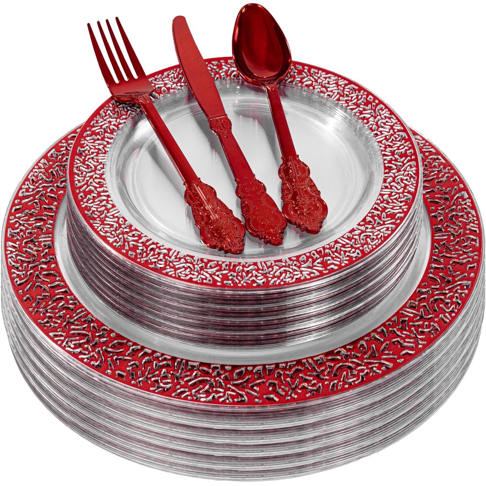 LUODA MirthMood 30 Guests Red Plastic Plates with Disposable Silverware, Clear Red Party & Wedding Dinnerware Include 30 Dinner Plates, 30 Dessert Plates, 30 Silver Cutlery for Weddings & Party.