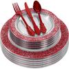 LUODA MirthMood 30 Guests Red Plastic Plates with Disposable Silverware, Clear Red Party & Wedding Dinnerware Include 30 Dinner Plates, 30 Dessert Plates, 30 Silver Cutlery for Weddings & Party. view 1