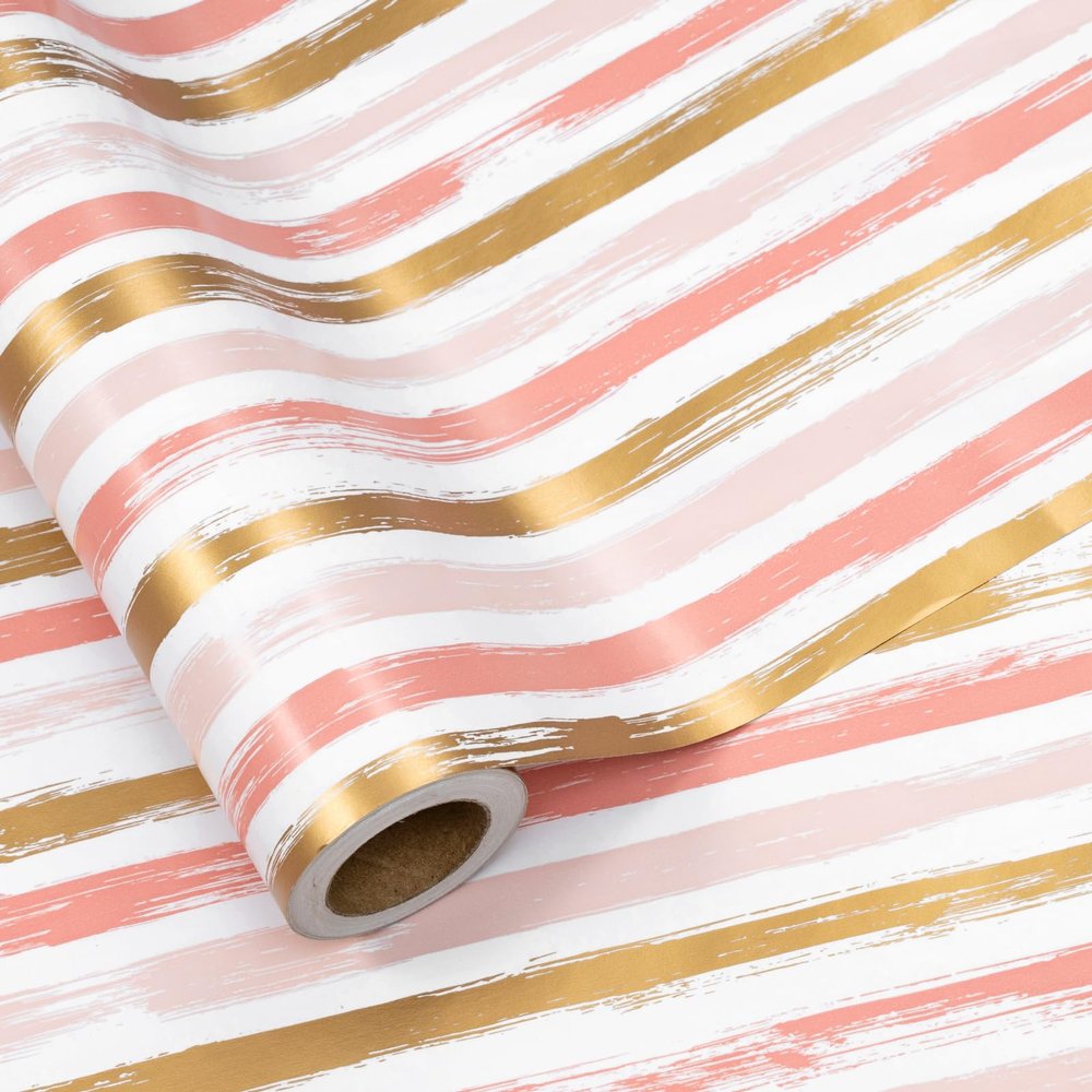 LeZakaa Pink Wrapping Paper Roll, Pink Striped Metallic Foil Gift Wrap for Baby Girl, Christmas, Birthday, Bridal Shower, Wedding Presents, with Gridlines, Mini Roll 17 in x 9.8 ft