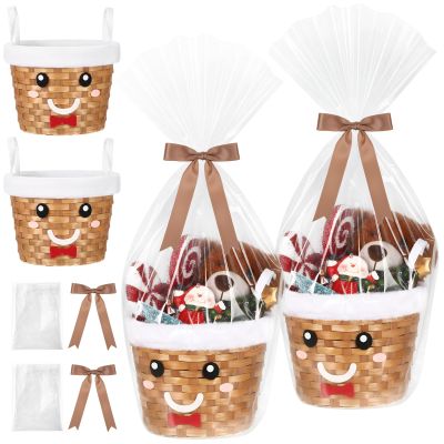 2 Pcs Christmas Baskets for Gifts Empty 9 x 7 Inch Empty Gift Baskets to Fill Bamboo Basket with Christmas Belt for Gingerbread Man Xmas Holiday Birthday Gift Wrapping Supplies
