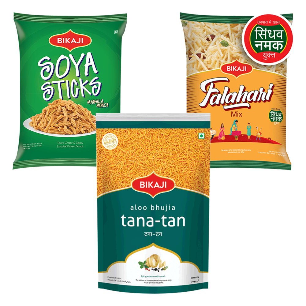 Bikaji Mix Savory Flavors Tana Tan Aloo Bhujia 1Kg & Soya Sticks 200g & Falhari Mix 200g authentic Indian Snacks Family Pack | Crunchy Namkeen, Party Mix, Bar Snacks & Teatime Treats