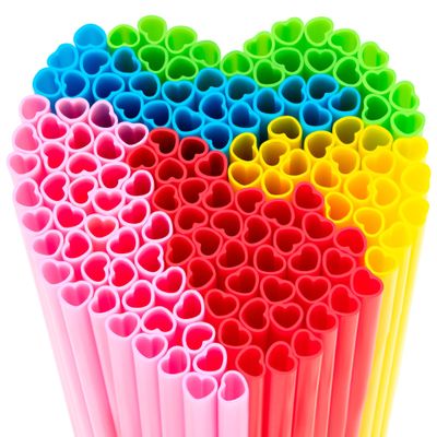 100 Pcs Valentine Day Straw Heart Shaped Straws - Pink, Red, Yellow, Blue & Green Cute Plastic Drinking Straws, Individually Wrapped Straw for for Wedding,Bridal Shower, Birthday Party & Pride Party
