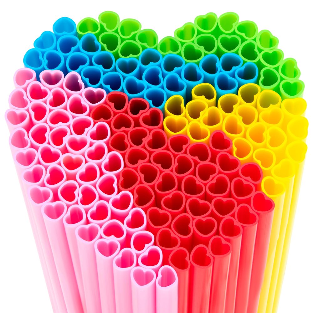 100 Pcs Valentine Day Straw Heart Shaped Straws - Pink, Red, Yellow, Blue & Green Cute Plastic Drinking Straws, Individually Wrapped Straw for for Wedding,Bridal Shower, Birthday Party & Pride Party
