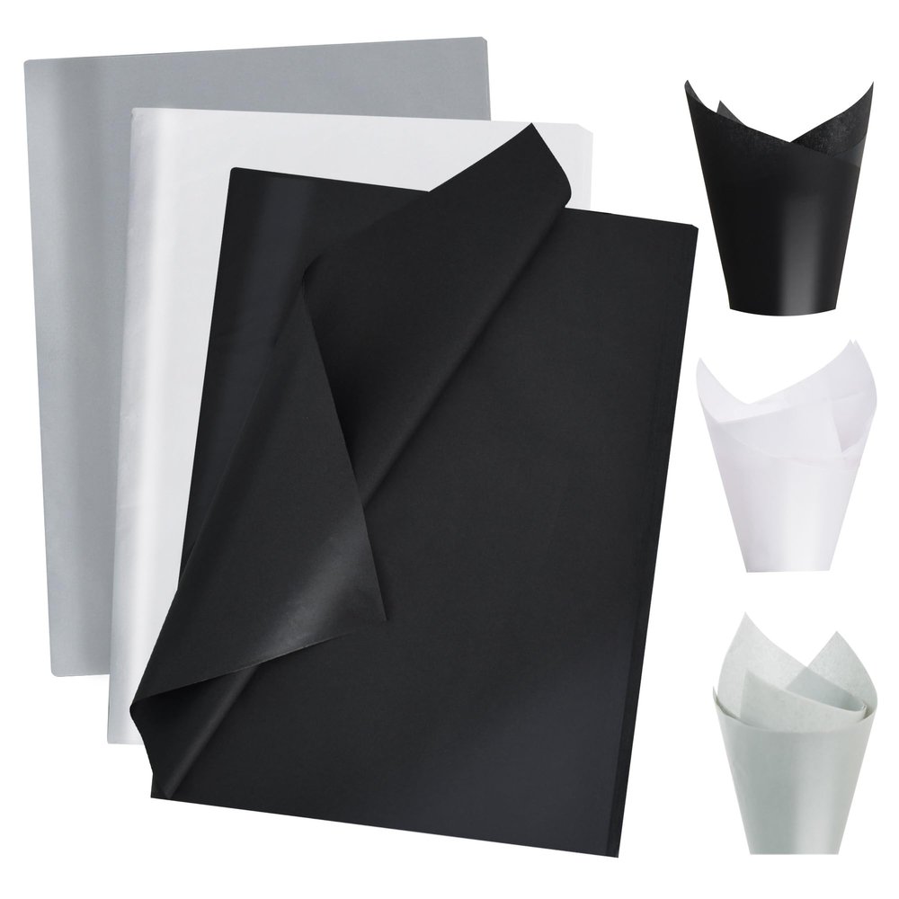 BEISHIDA 90 Sheets Black Grey White Tissue Paper Bulk, Wrapping Tissue Paper for Gift Bags, 14 x 20 Inch Gift Wrap for Wedding Birthday Retirement Party DIY Crafts Holiday Flowers