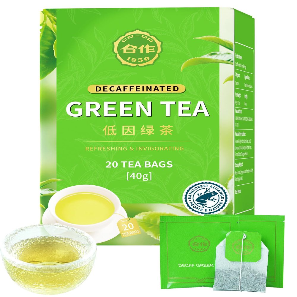 CO-OP 1950 Decaf Green Tea Bags, Naturally Decaffeinated Pure Green Tea, Smooth, Fresh & Clean Flavor, CO Decaf Process, Individually Wrapped, Hot or Iced, 20 Count