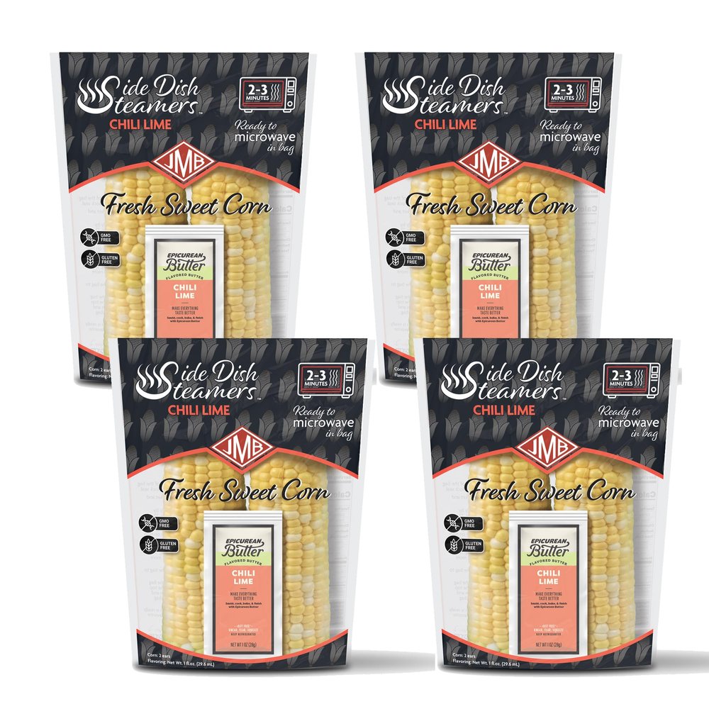 JMB Produce Side Dish Steamers - Corn Side Dishes - Chili Lime Flavor - Microwavable Fresh Vegetables - Pantry Staples - 4 Count