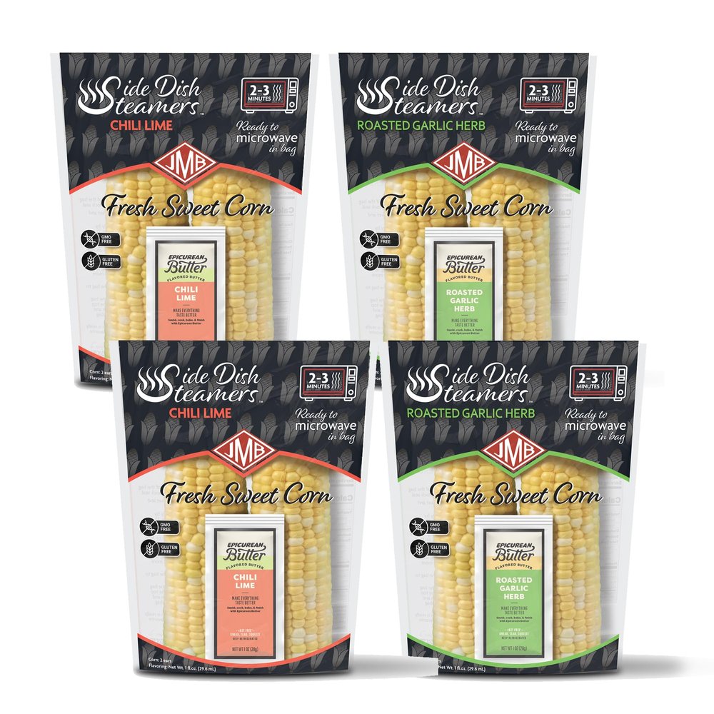 JMB Produce Side Dish Steamers - Corn Chili Lime - Corn Roasted Garlic Herb - 4 Count