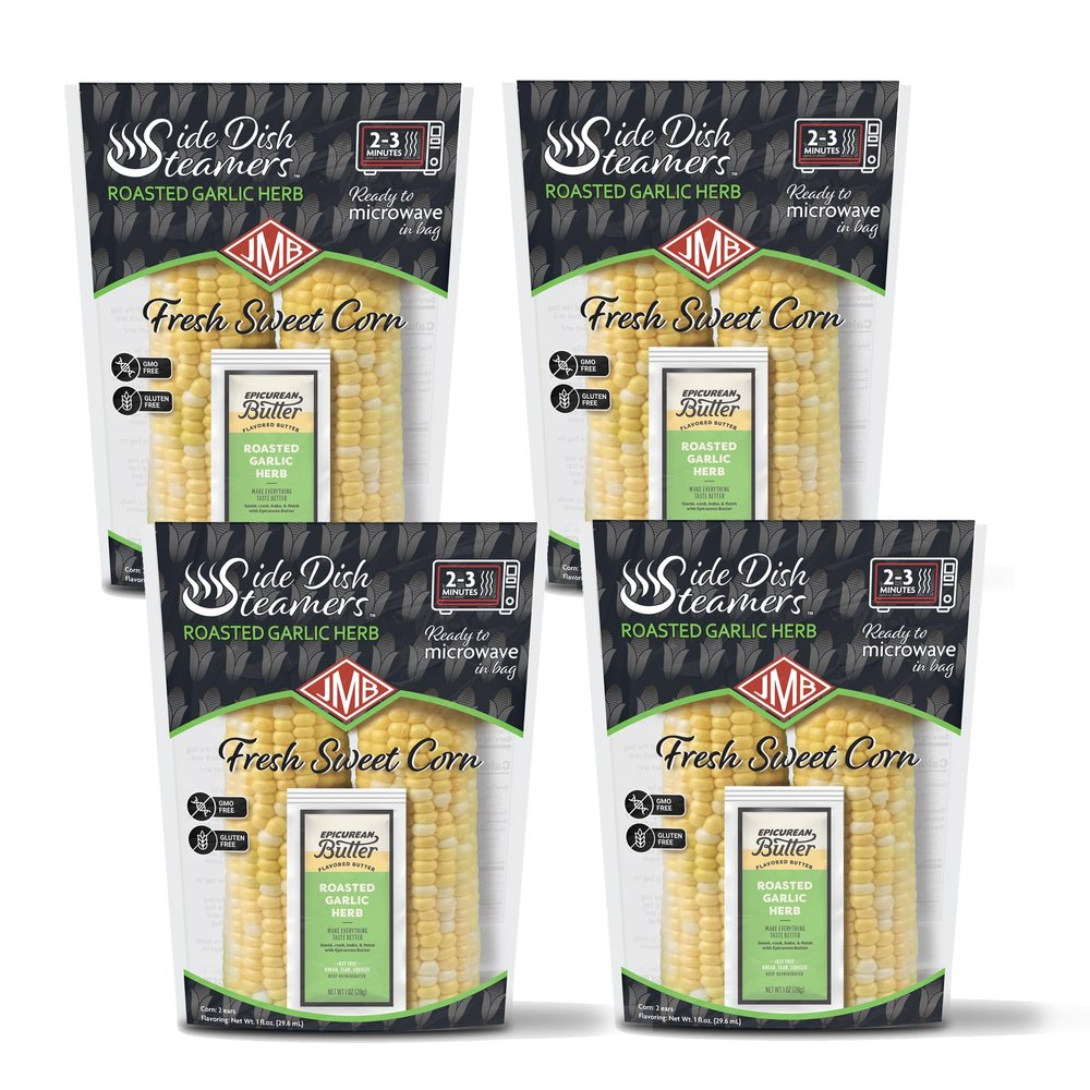 JMB Produce Side Dish Steamers - Corn Side Dishes - Roasted Garlic Herb Flavor - Microwavable Fresh Vegetables - 4 Count
