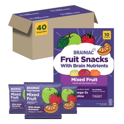 Brainiac Fruit Snacks, Brain Boosting Patented BrainPack Ingredients with Omega-3s DHA/EPA and Choline, Functional & Nutritious Snacks for toddlers and kids, Mixed Fruit, 40 count
