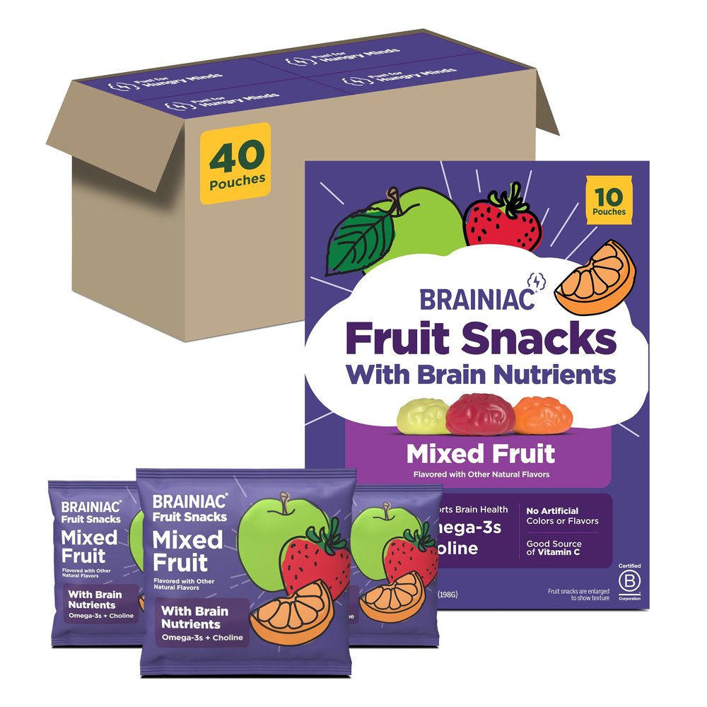 Brainiac Fruit Snacks, Brain Boosting Patented BrainPack Ingredients with Omega-3s DHA/EPA and Choline, Functional & Nutritious Snacks for toddlers and kids, Mixed Fruit, 40 count