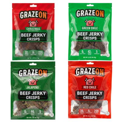 GrazeOn Beef Jerky Crisps Variety Pack - High Protein, No Sugar, Crunchy Air-Dried Meat Snack, All-Natural, Low Carb, Keto, Paleo, Whole30, Spicy Pack All Natural Jerky Sampler with Red Chile, Jalapeo, Christmas, Green Chile - 2.0 oz (Pack of 4)
