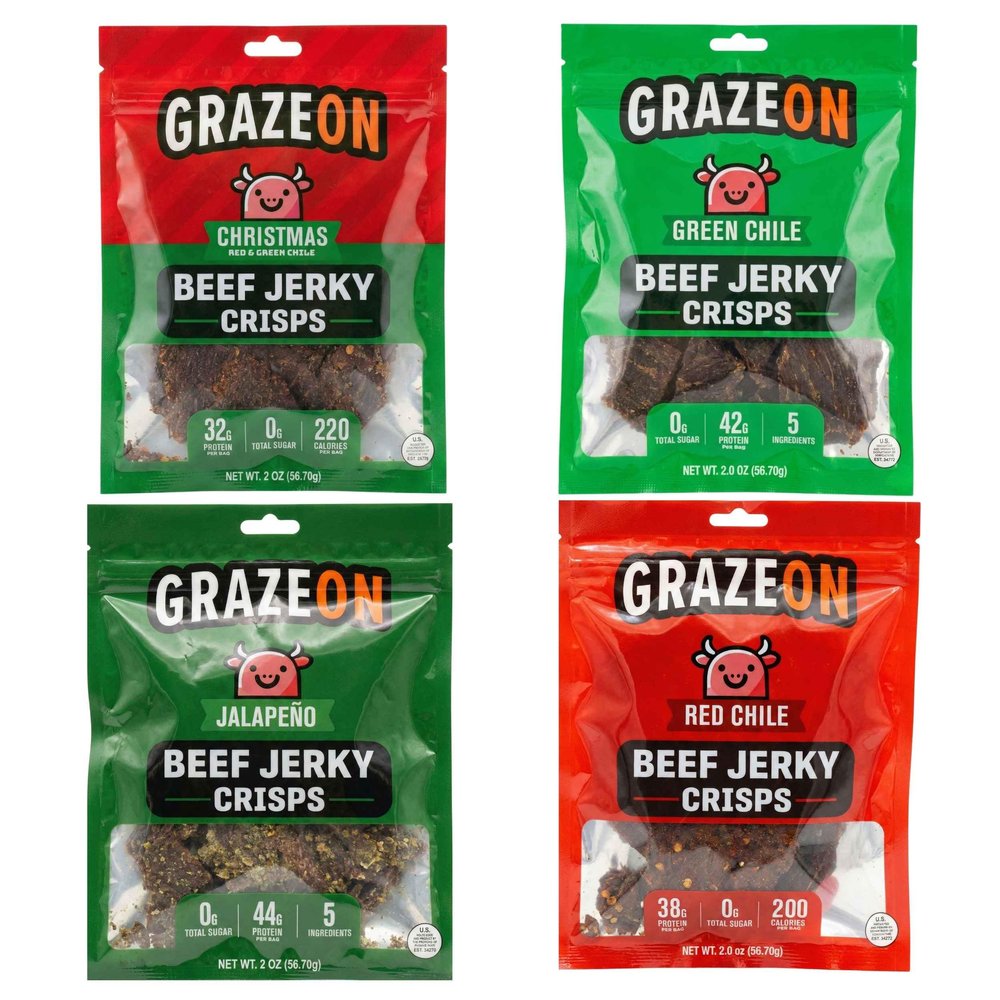 GrazeOn Beef Jerky Crisps Variety Pack - High Protein, No Sugar, Crunchy Air-Dried Meat Snack, All-Natural, Low Carb, Keto, Paleo, Whole30, Spicy Pack All Natural Jerky Sampler with Red Chile, Jalapeo, Christmas, Green Chile - 2.0 oz (Pack of 4)