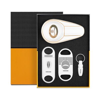 Ash N Tray - Premium Cigar Accessories Set of Cutters, Ashtray & Punch (White)
