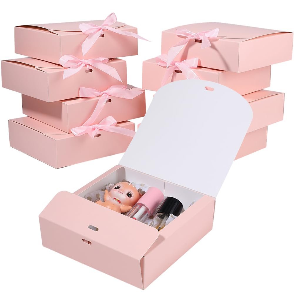 Beebeecraft 10 Sets Pink Paper Gift Box with Ribbon 6.69 x 6.69 x 1.97in Square Present Boxes for Weddings Bridal Showers Graduations Birthdays Bridesmaids Gifts