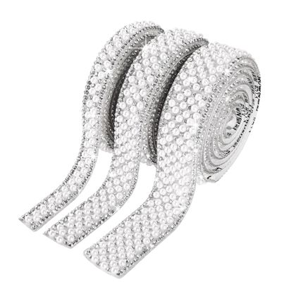 LoomJoyz 3 Rolls Pearl Rhinestone Ribbon Self Adhesive Crystal Strips Trim Pearl Stickers Ribbon for DIY Crafts Wedding Party Decoration