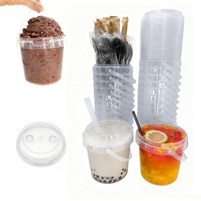20 sets 34oz clear Plastic Drink Buckets with Lids Straws and Spoons.Sturdy for Cold/Hot drinks, Reusable cups with Dual Holes &Extra 45 Leak-Proof Sticker, Birthday,Party,kitchen, picnic supplies