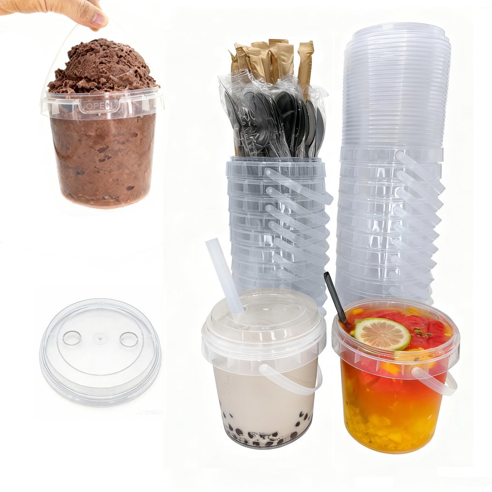 20 sets 34oz clear Plastic Drink Buckets with Lids Straws and Spoons.Sturdy for Cold/Hot drinks, Reusable cups with Dual Holes &Extra 45 Leak-Proof Sticker, Birthday,Party,kitchen, picnic supplies