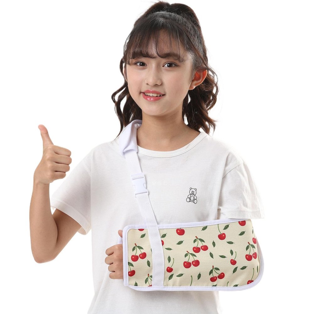 Fotgok Kids Print Arm Sling, Adjustable Breathable Support for Girls with Broken Arm, Shoulder Injury, Post-Surgery, Lightweight, Left/Right (Beige Cherry, Small)