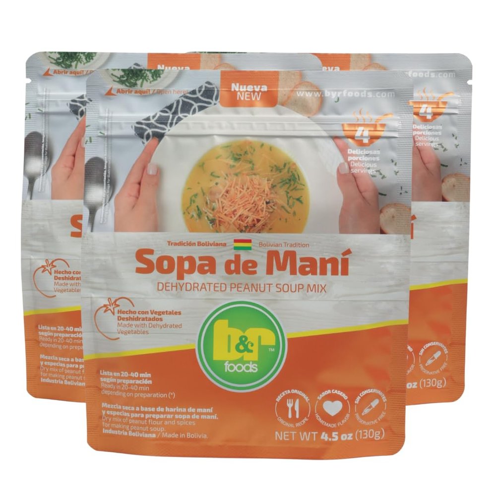 B&R Foods Sopa de Man/Dehydrated Peanut Soup Mix Traditional Bolivian Peanut Soup with Spices | Authentic Flavor | Preservative Free, 4.5 oz. (130 g.) Doy Pack (Pack of 3)