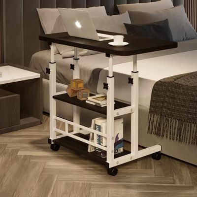 VebaCidi Medical Overbed Bedside Table with Two Shelves and Wheels (Hospital and Home Use), 31 1/2" Desk with Non Tilt Wooden Top, Adjustable Height (Black)