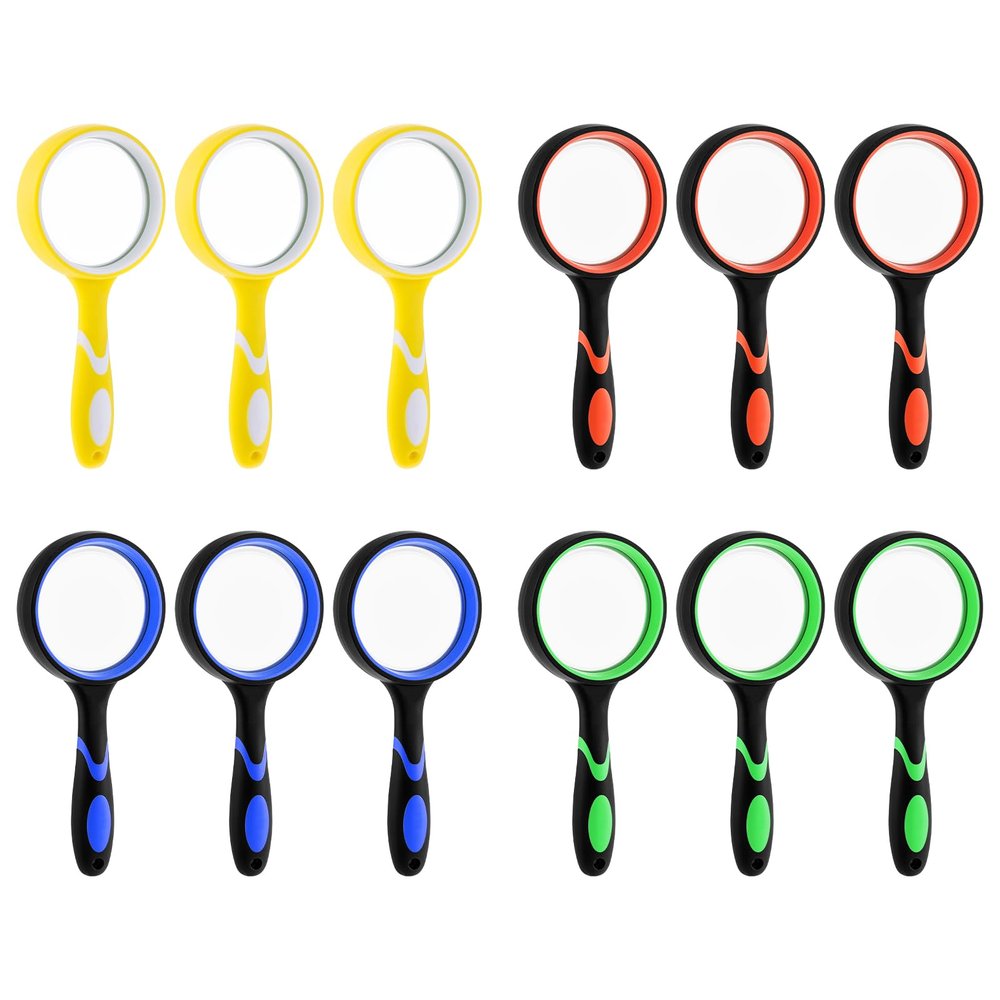 12 Pack Magnifying Glass, 50 mm 10 X Glasses Lens Reading Magnifier for Kids and Seniors, Non-Slip Handheld Magnifying Glass for Close Work, Nature Exploration