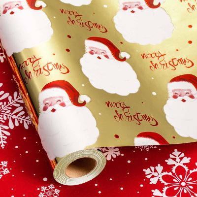 MAYPLUSS Gold Santa Claus Wrapping Paper Roll, 17IN X 33FT Red Christmas Gift Wrap Paper Featuring Merry Christmas Reversible Snowflake for Holiday New Year Kids