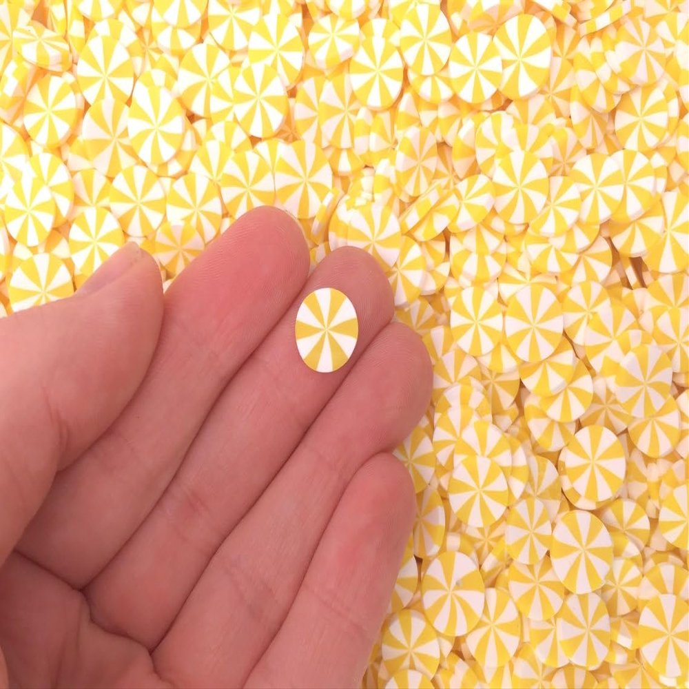 10mm Lemon Yellow Peppermint Polymer Clay Non Edible Sprinkles, Larger Size, Dessert Nail Art Slices, Miniature Faux Mint Candy rdnqu (Bag: 30 Grams)
