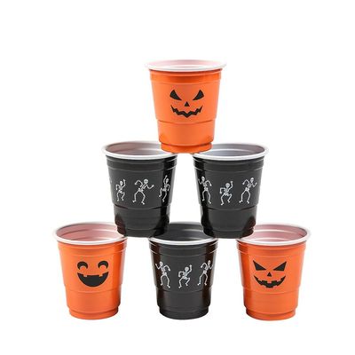 50 Pack 2 oz Halloween Plastic Shot Glasses Disposable Orange & Black Cups with Skeleton and Pumpkin Designs for Party Drinks & Festive Events