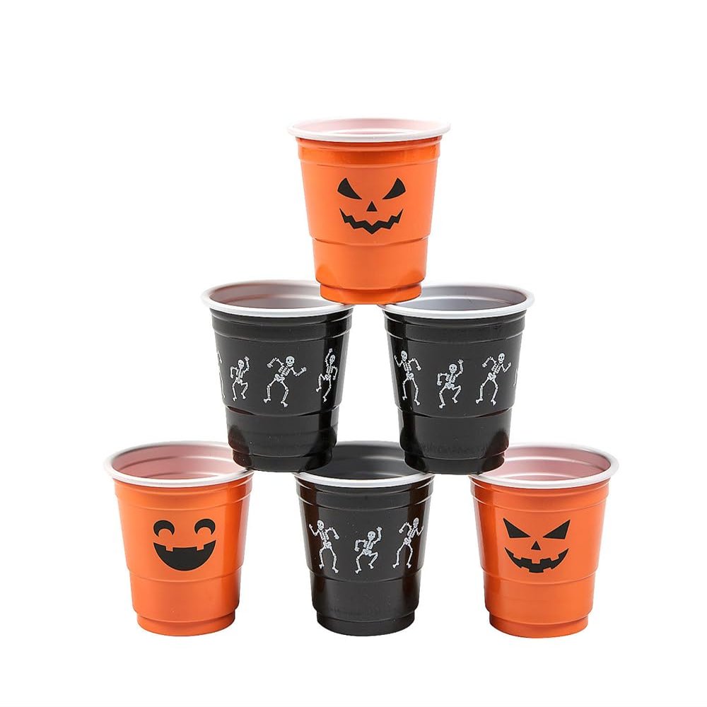 50 Pack 2 oz Halloween Plastic Shot Glasses Disposable Orange & Black Cups with Skeleton and Pumpkin Designs for Party Drinks & Festive Events