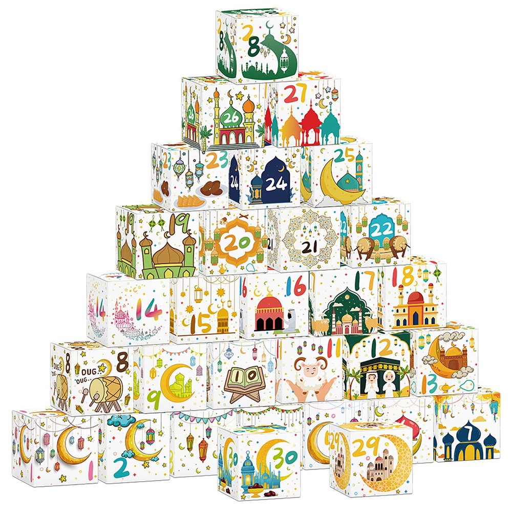 30 Pcs Eid Mubarak Treat Box, Paper Goodie Bags Favor Containers with Countdown Numbers for Ramadan Eid Party Celebration Decorations