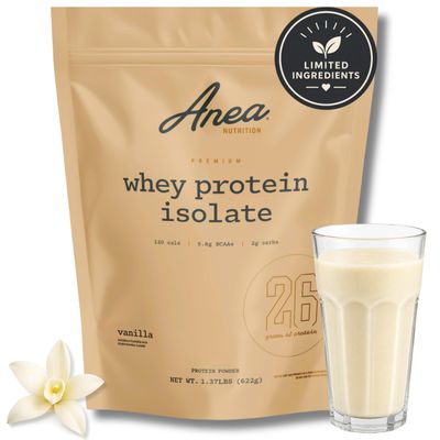 Anea Protein Powder, Whey Isolate Protein Powder, Whey Isolate, 5.8g BCAAs, RBST Free, Gluten Free, Soy Free, No Fillers, No Artificial Sweeteners, Vanilla, 26g Per Serving, 20 Servings